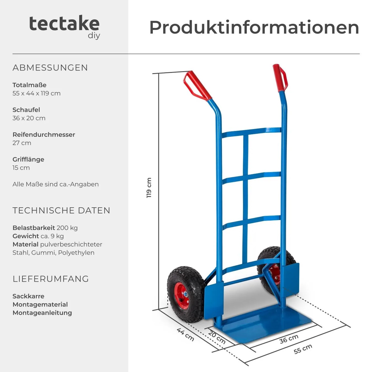 Tectake Sackkarre  Mit Stahlrahmen Luftbereifung  55 x 44 x 119 cm Blau_6