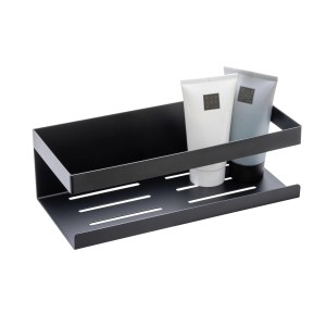 Schwarze Schöner Wohnen Wandablage Meleto aus Edelstahl mit zwei Kosmetikprodukten.