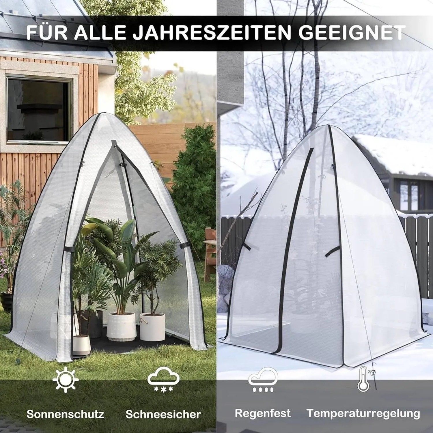 WOLTU Foliengewächshaus 120x180 cm mit schwarzer Bodenplane. Transparentes Pflanzenzelt für alle Jahreszeiten, mit Pflanzen und im Schnee.