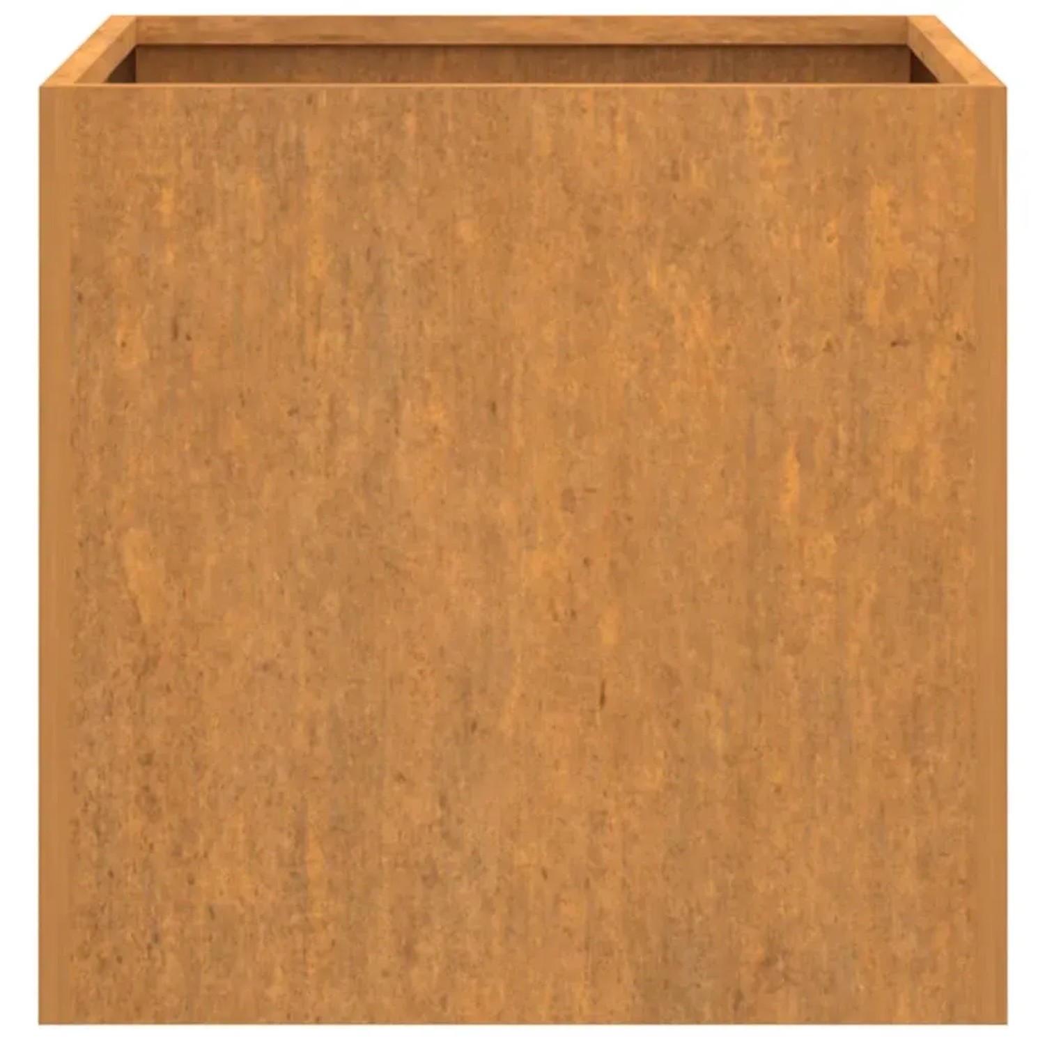 Quadratischer Pflanzkübel aus Cortenstahl, rostfarben, 49x47x46 cm.