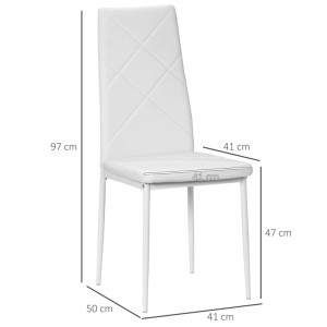 Weißer HOMCOM Esszimmerstuhl mit hoher Rückenlehne, gepolstertem Kunstledersitz und Stahlbeinen. Maße: 97x50x41 cm.