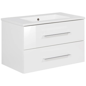 Fackelmann Einzelwaschtisch B.Perfekt, 80 cm, Weiß Hochglanz mit 2 Schubladen.