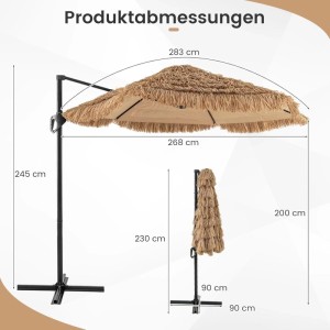 COSTWAY Hawaii Sonnenschirm 270cm mit Kurbel, Strohschirm, Abmessungen