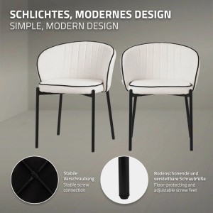 Zwei moderne ML-Design Esszimmerstühle, beige Stoffbezug, schwarze Metallbeine. Gepolsterte Rückenlehne, verstellbare Füße.