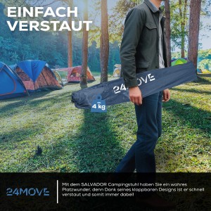 Blauer 24MOVE Campingstuhl, faltbar in Tragetasche, leicht transportierbar.