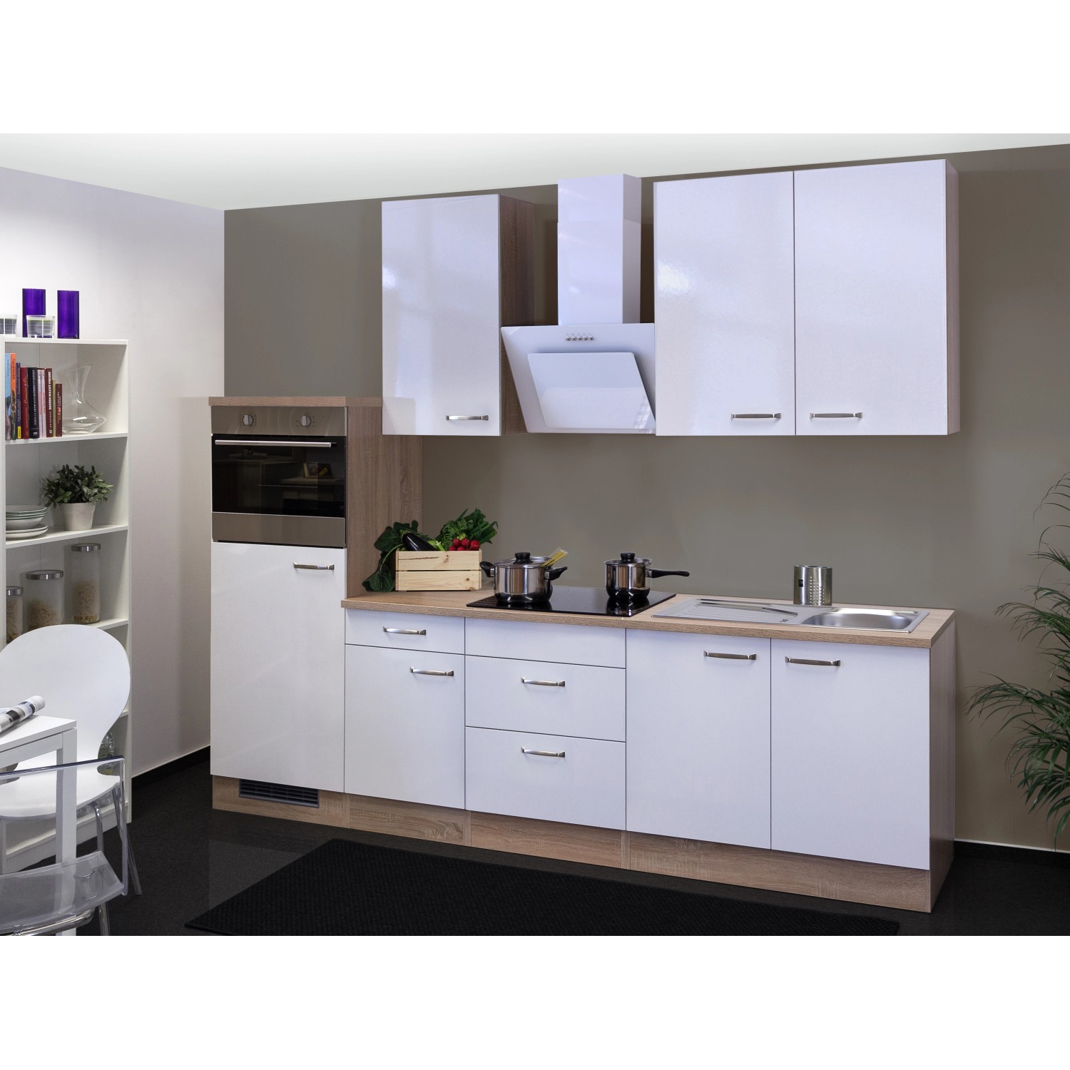 Flex-Well Exclusiv Küchenzeile/Küchenblock Valero 270 cm Hochglanz Weiß-Sonoma Eiche NB