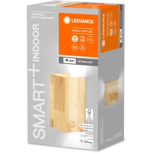 Verpackung der Ledvance Smart+ WiFi Wandleuchte Orbis Wood, 21x11cm, dimmbar, warmweiß bis kaltweiß.