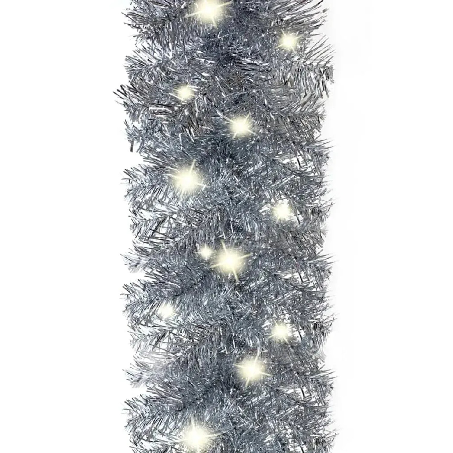 Silberne Weihnachtsgirlande aus PVC mit leuchtenden LEDs, 10 m lang. Ideal für festliche Dekorationen.