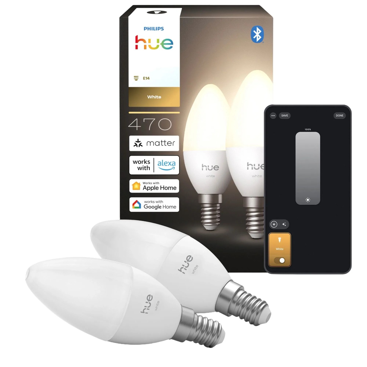 Philips Hue Leuchtmittel E14 Kerzenform 2.700 K 470,m 3,9 W 2er Set