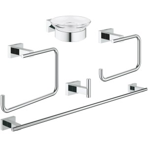 Grohe Bad-Set 5 in 1 Essentials Cube Chrom: Handtuchring, Halter, Haken, Seifenschale, WC-Papierhalter.