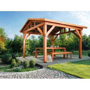 Beliani Pavillon SECCHIA, heller Holzfarbton mit grauem Metalldach, 350x296x256 cm.