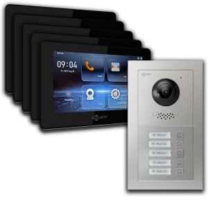 Goliath Video Türklingel für 5 Familien mit 7 Zoll Monitoren, App-Steuerung, Unterputz in Schwarz und Silber.