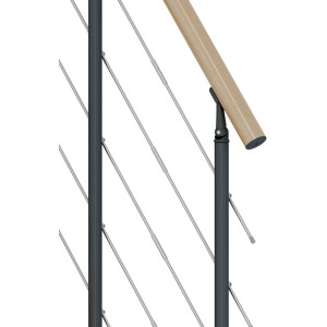 Detailansicht Dolle Mittelholmtreppe Basel Ahorn/Anthrazit: Geländer mit Holzhandlauf und Edelstahlstäben.