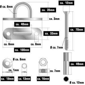 AMANKA Hängesessel Befestigung mit Dübel, Maße und Details in Millimeter Angaben.
