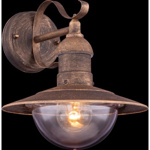 Schwarze Globo Außenwandleuchte Linda mit goldener Patina und klarem Lampenschirm.