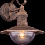 Schwarze Globo Außenwandleuchte Linda mit goldener Patina und klarem Lampenschirm.