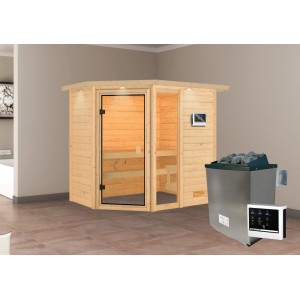 Karibu Sauna Jada mit Ofen und LED-Dachkranz aus Naturholz mit Eckeinstieg und bronzierter Glastür.