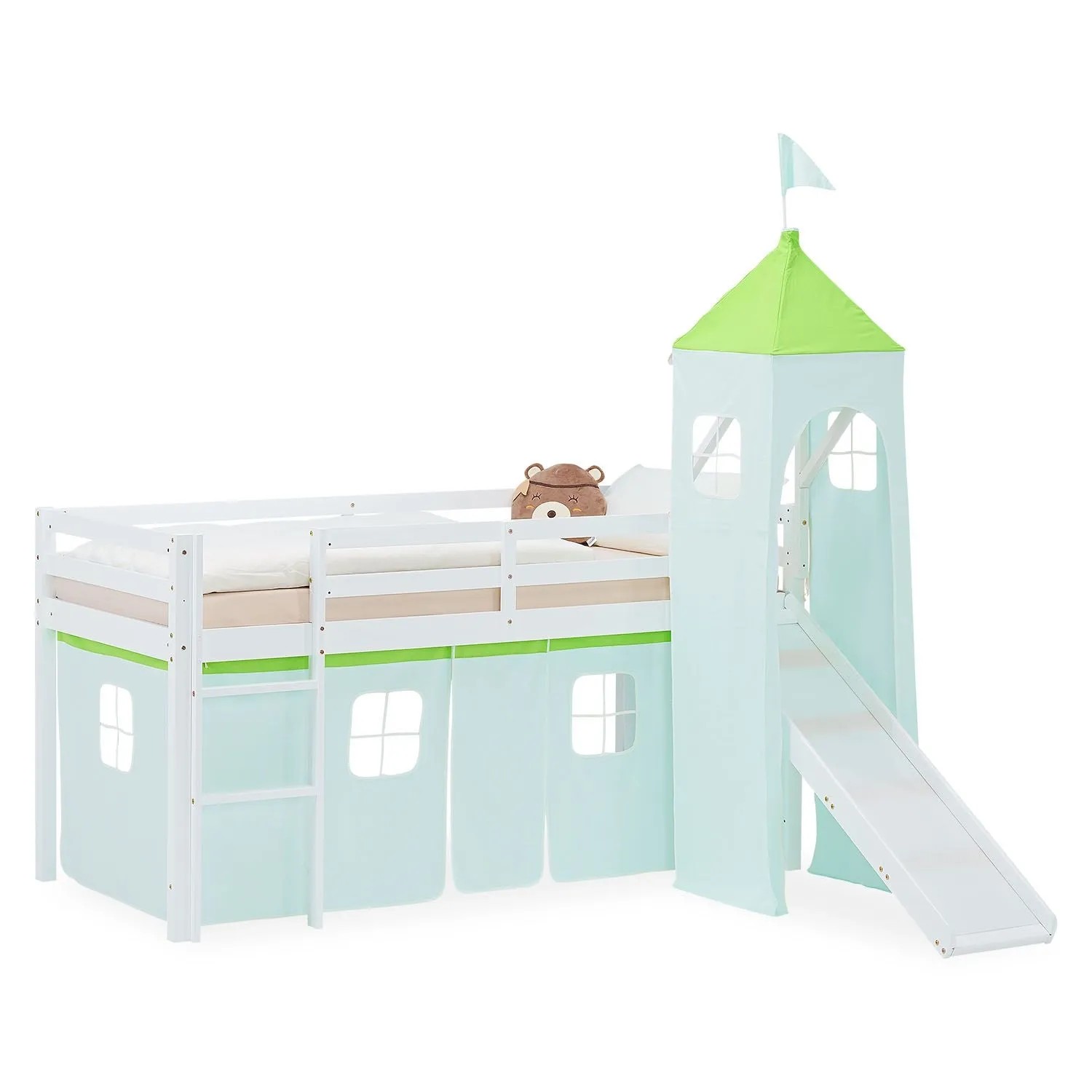 Homestyle4u Kinder Hochbett 90x200 Rutsche Vorhang Turm Grün Kinderbett 2969