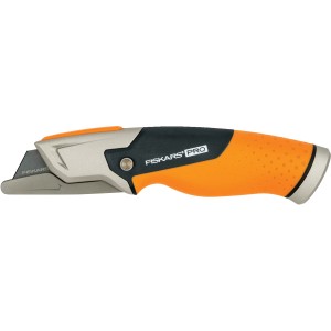 Fiskars Universalmesser CarbonMax™ mit fester Klinge und orange-schwarzem SoftGrip® Griff.