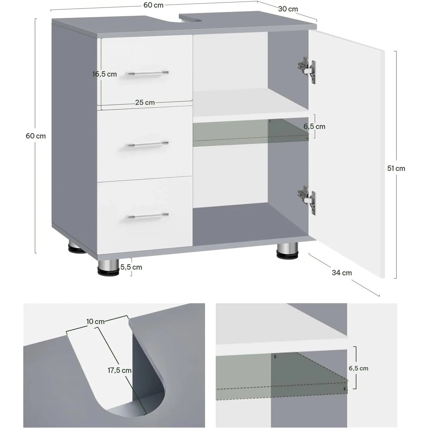 Weiß-grauer EUGAD Waschbeckenunterschrank mit 3 Schubladen, Tür und Fächern. Maße 60x60x30 cm, Siphonausschnitt.