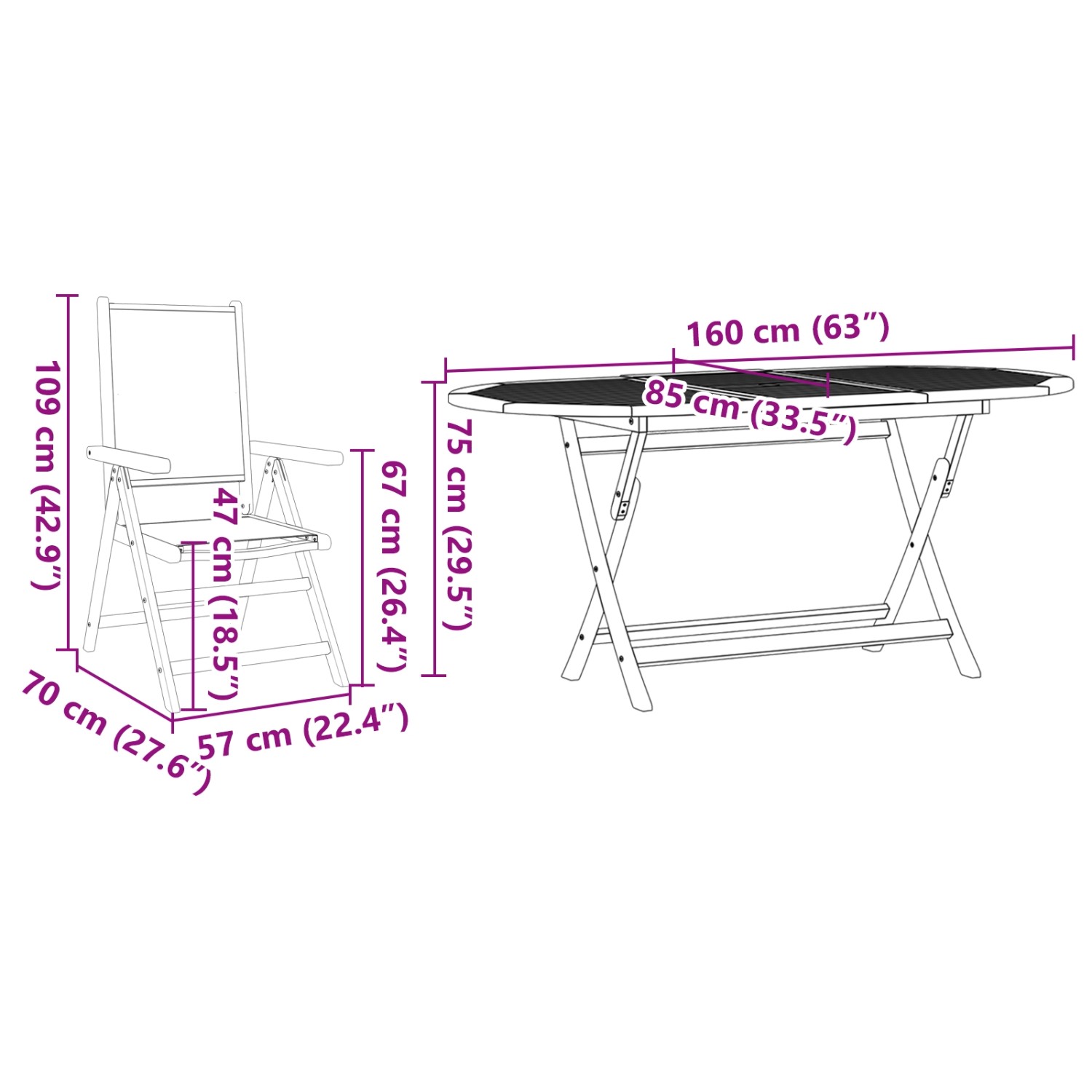vidaXL 7-teiliges Gartentischset aus Akazienholz in Creme mit Maßangaben.