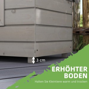 Detailansicht: Erhöhter Boden des PawHut Katzenhauses aus Holz mit Asphaltdach.