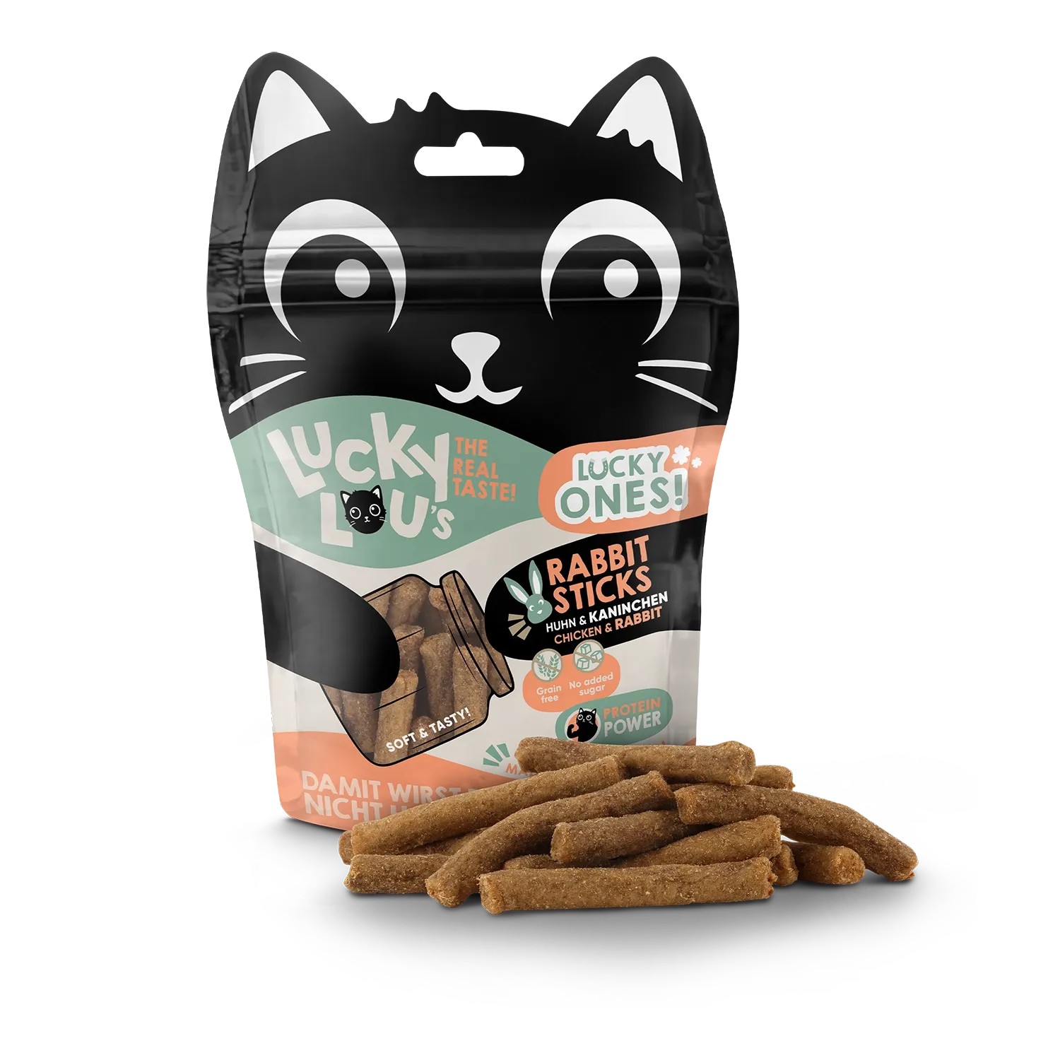 Lucky Lou Katzen-Trockenfutter Sticks Huhn & Kaninchen, 50g Packung mit Leckerli-Sticks.