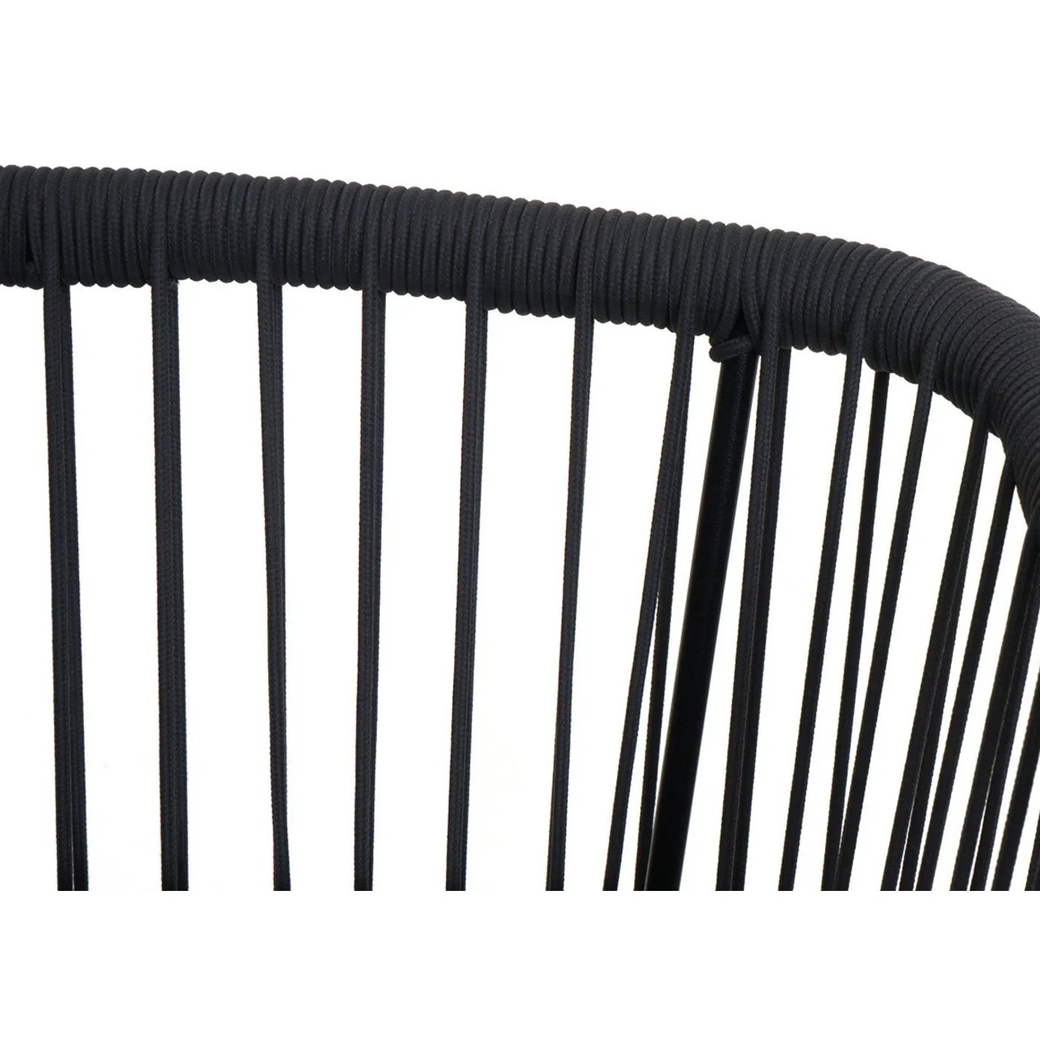 Nahaufnahme der anthrazitfarbenen Rope-Rückenlehne des Barhockers. Elastisches Seilgeflecht für modernen Sitzkomfort.