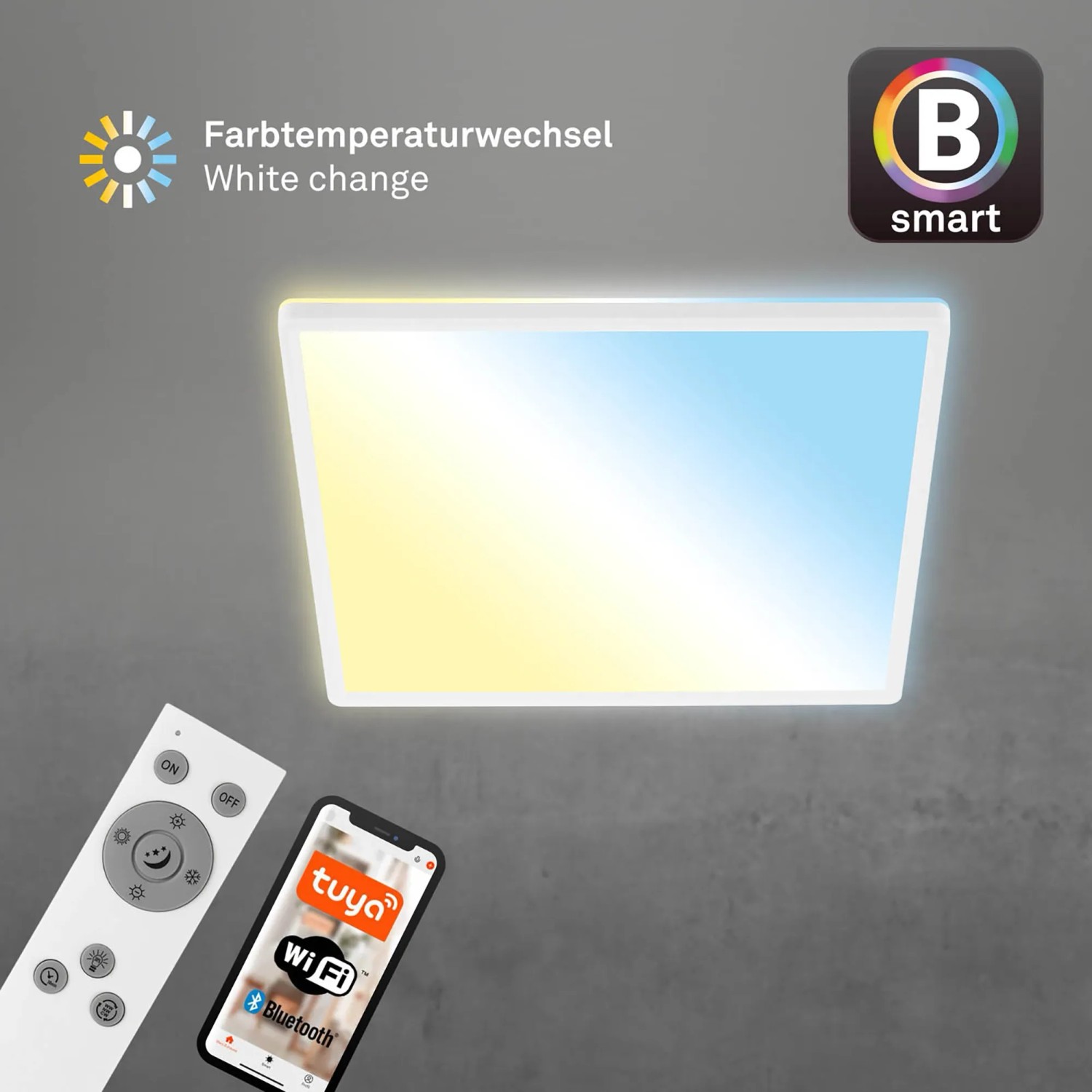 Brilo WiFi Deckenleuchte Slim Smart, weiße LED Panel Leuchte mit App- und Sprachsteuerung, 42x42 cm.