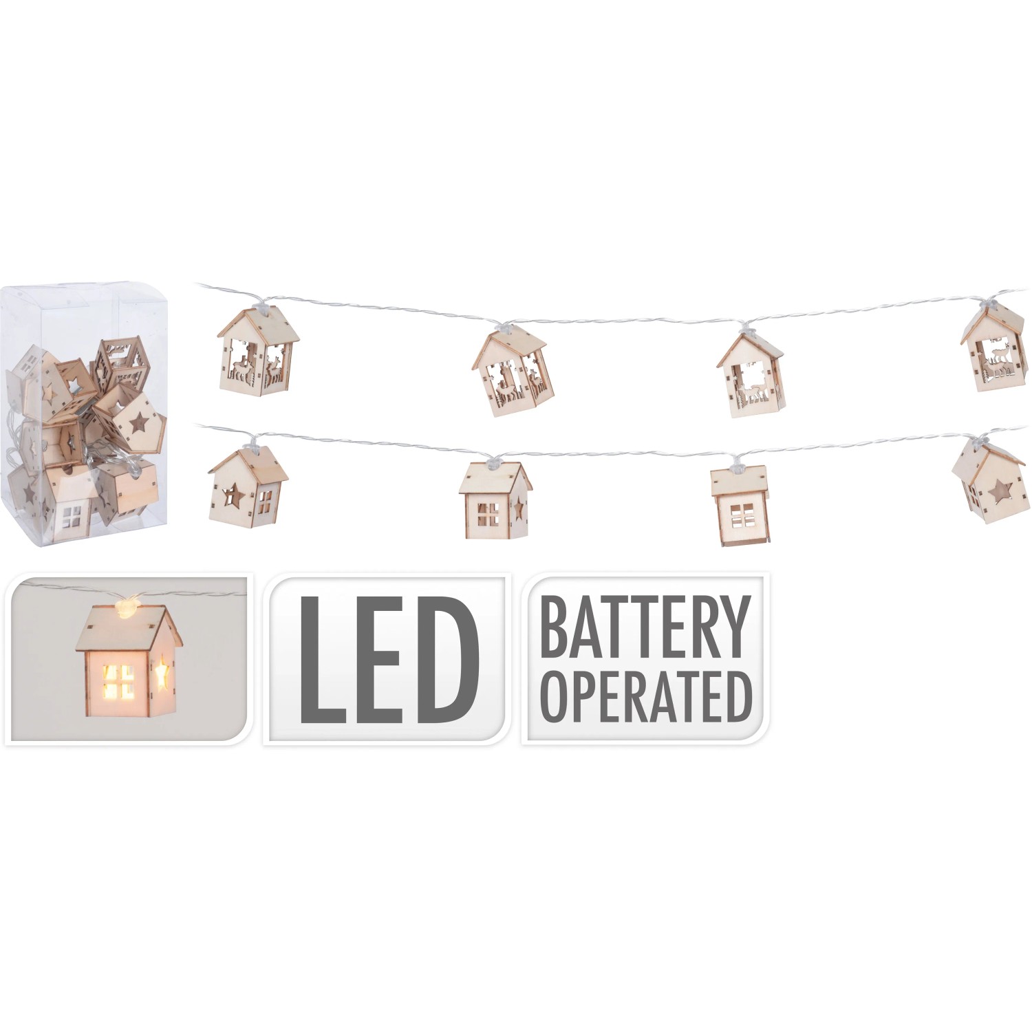 LED-Lichterkette mit Holzhäuschen warmweiße LED innen 2fach-sortiert
