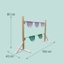Höhenverstellbares Hobby Horse Hindernis aus Naturholz mit violetten und türkisen Hufeisen-Fahnen. Für Spiel & Spaß.