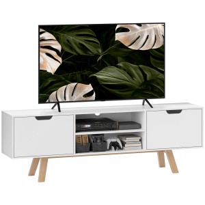 Weißer HOMCOM TV Schrank/Fernsehtisch mit Holzfüßen, Fächern und Schränken. Ideal für TVs bis 65 Zoll.