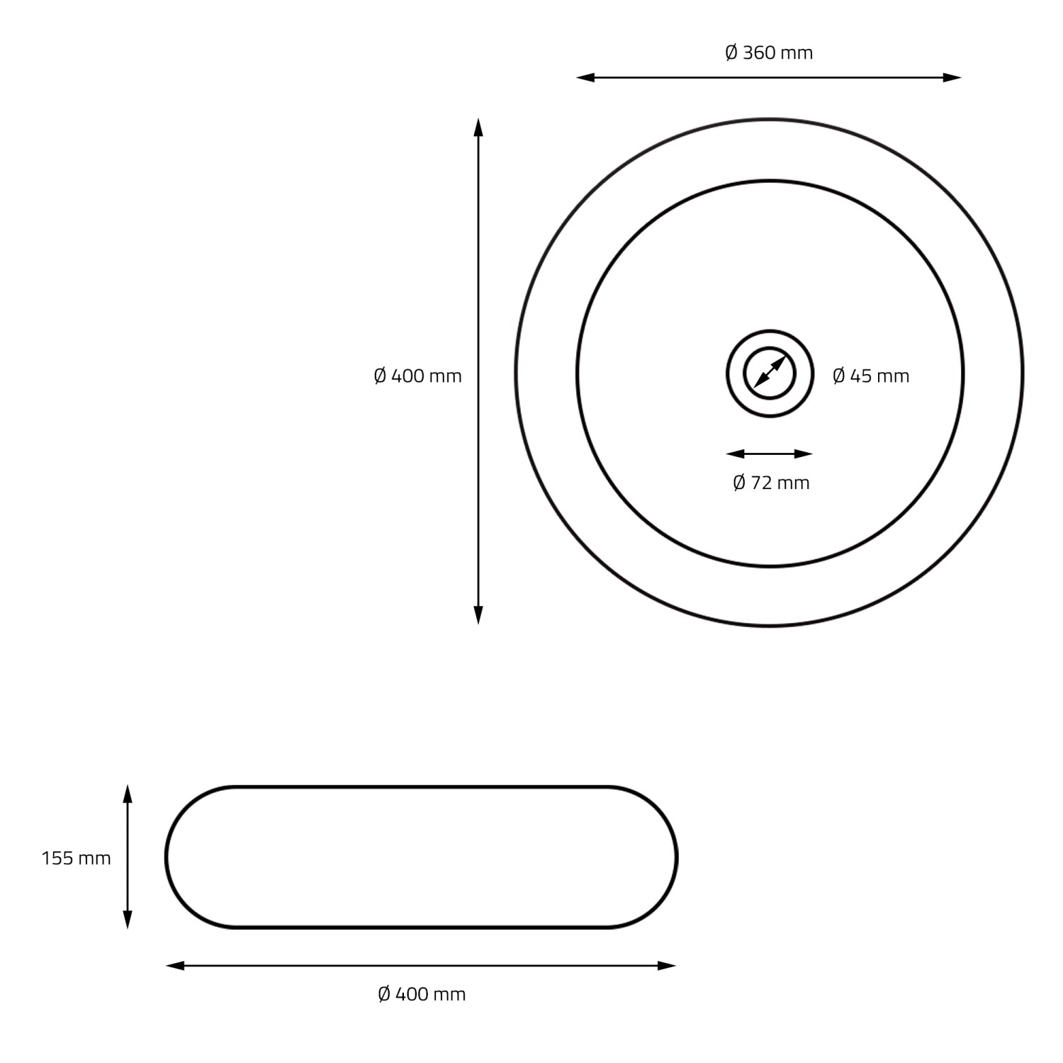 Skizze des ML-Design Waschbeckens, Keramik, Schwarz Matt, runde Form, Maße 400x155mm.