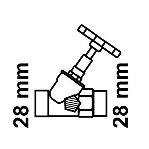Schrägsitzventil 28 mm mit Entleerung aus Messing, glänzend. Schemazeichnung.