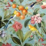 Komar Vliesfototapete Birds and Berries: Detailansicht mit Vögeln, Beeren, Blüten und Früchten auf blauem Hintergrund.