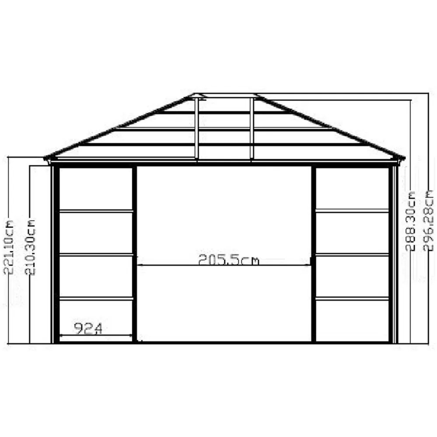 Technische Zeichnung des Sojag Aluminium Pavillon Castel 12 x 14 Bronze mit Maßangaben.