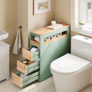 Grüner schmaler Badschrank mit Holzplatte, 3 Schubladen und offenem Fach für Badutensilien im Badezimmer.
