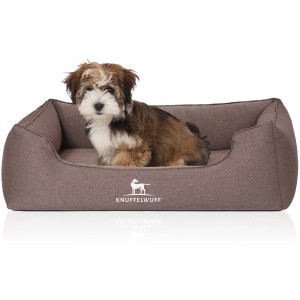 Knuffelwuff Hundebett Leano, orthopädisch, braun, mit Hund im Körbchen.