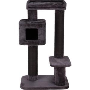 Anthrazitfarbener Trixie Kratzbaum Izan mit Liegeflächen und Höhle für Katzen.