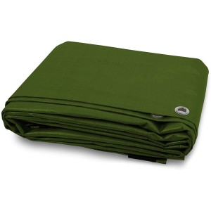 Zusammengefaltete, grüne Karat Abdeckplane 6x10m (140 g/m²) mit Ösen.