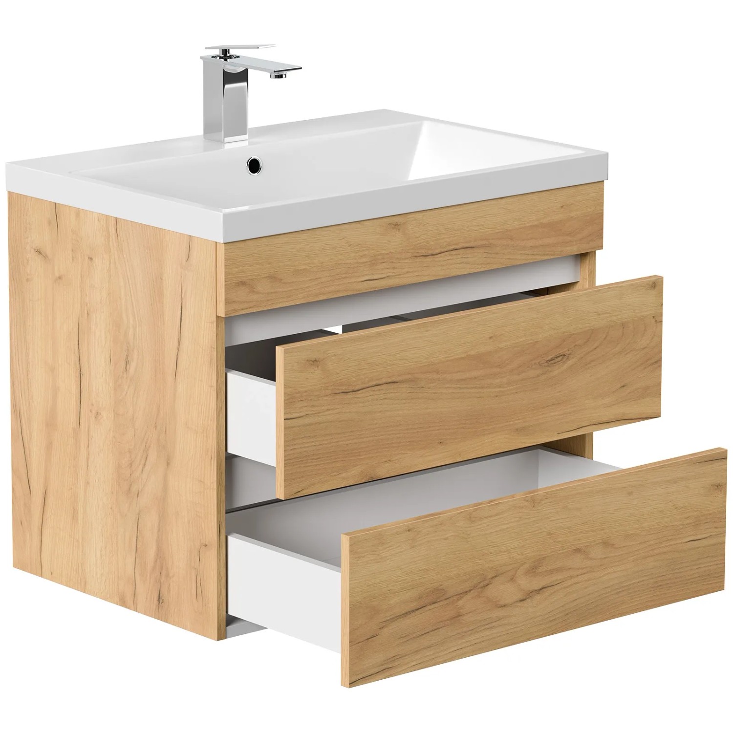 Posseik Badmöbel Fellini 70 in Eiche Gold mit Waschbecken und zwei grifflosen Schubladen.