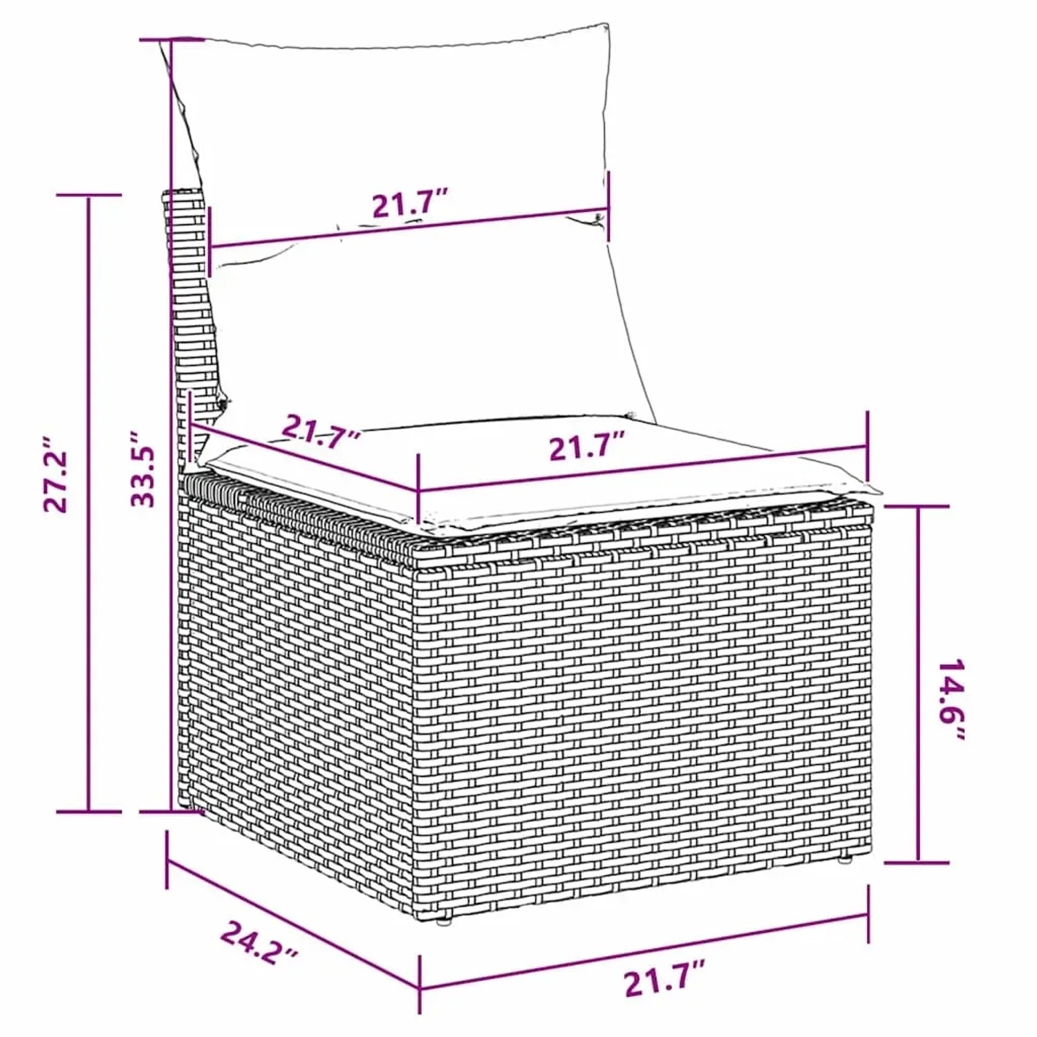 vidaXL Gartenmöbel Set, 9-teilig, schwarz, Poly Rattan. Detailaufnahme der Maße eines Sessels.