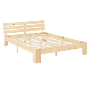 Holzbett 120x200 cm aus hellem Kiefernholz mit Lattenrost und Kopfteil. Stabiles Bettgestell für Schlafzimmer.