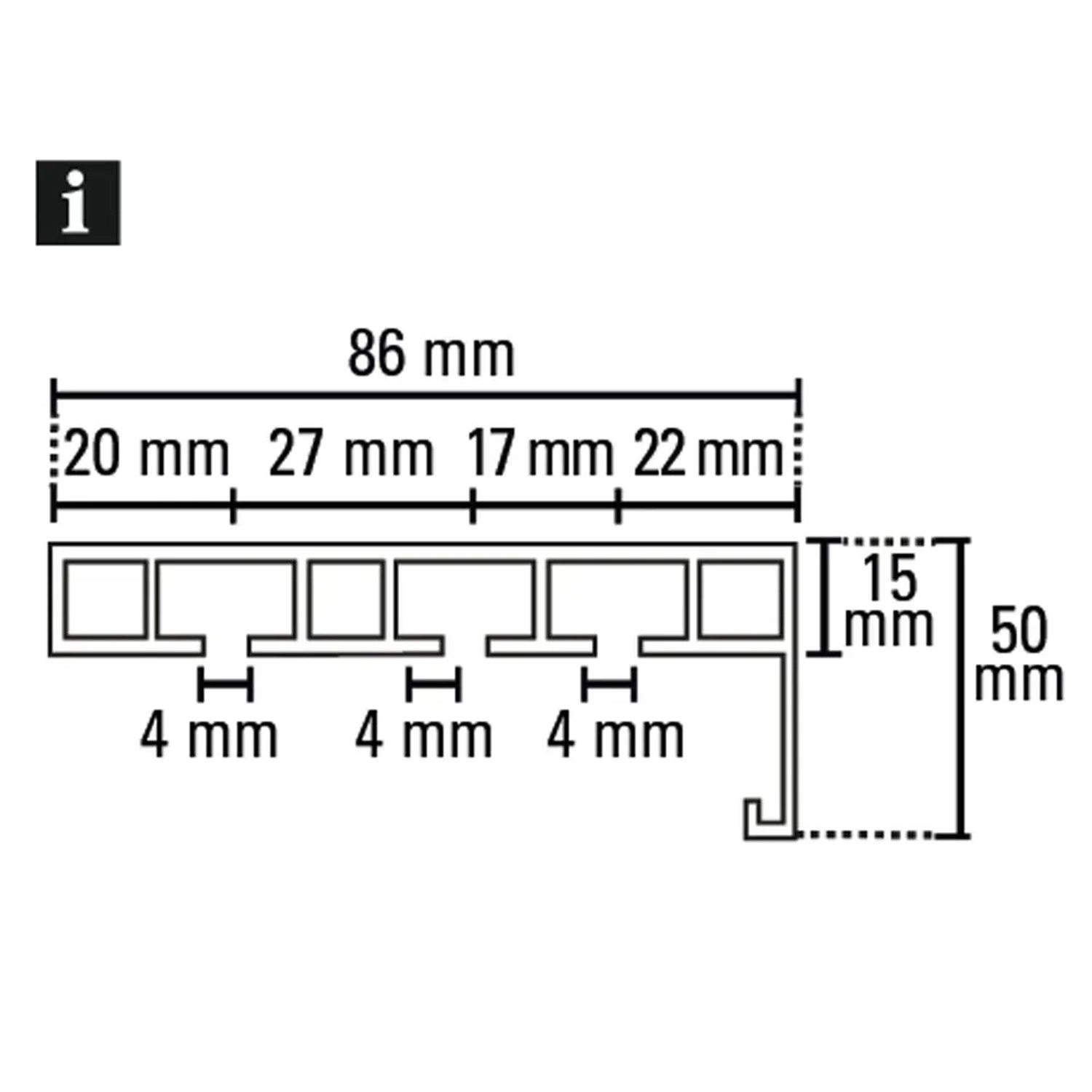 Technische Zeichnung Gardinia Vorhangschiene P2Ü Weiß 210 cm mit Maßangaben.
