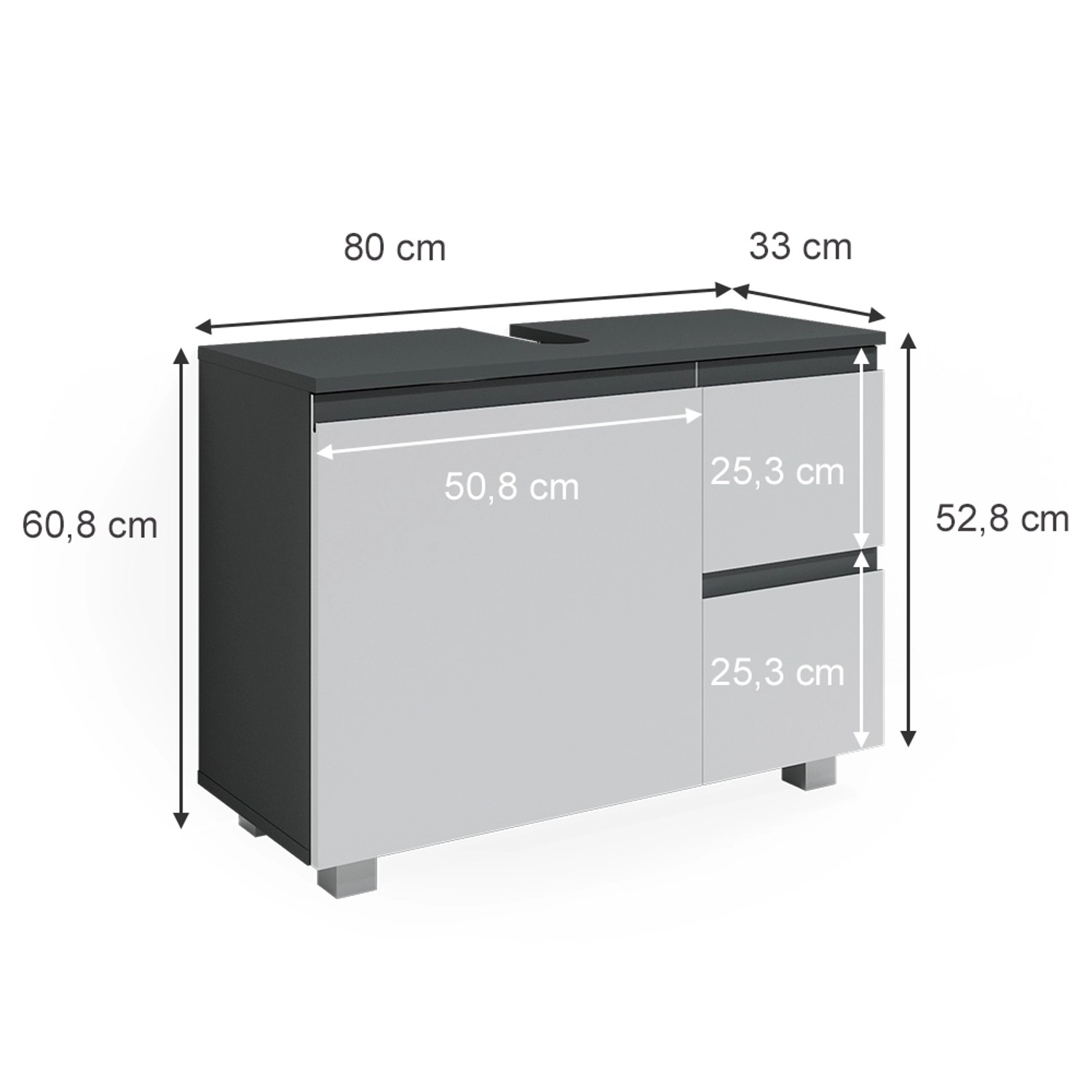 Vicco Waschbeckenunterschrank J-Shape, weiß/anthrazit, 80x61 cm, mit Schubladen und Tür.