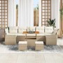 Beiges 10-teiliges vidaXL Garten-Sofa-Set aus Poly Rattan mit Tisch und Hockern.