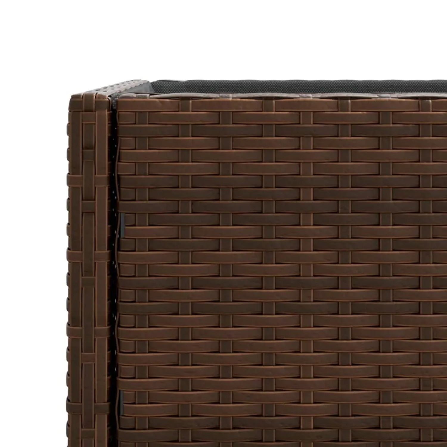 Detailaufnahme des braunen vidaXL Pflanzkübels aus Poly Rattan mit Ablage.