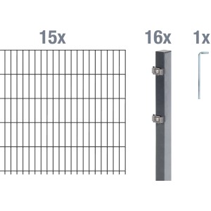 Metallzaun Grund-Set: Doppelstabmatte, Pfosten und Zubehör, verzinkt und anthrazit beschichtet.