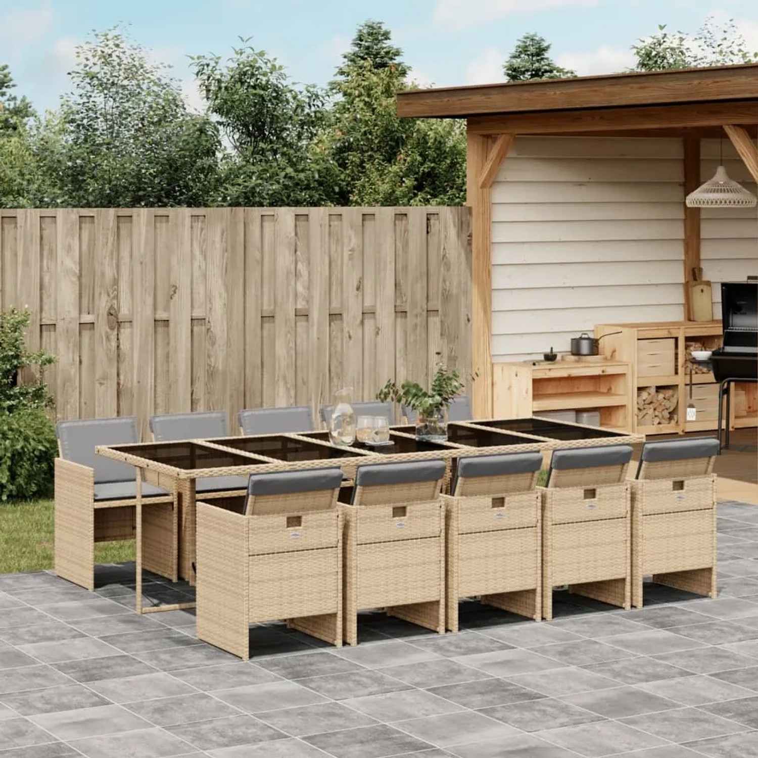 vidaXL 11-tlg. Garten-Essgruppe mit beigemischtem Poly Rattan und Kissen.