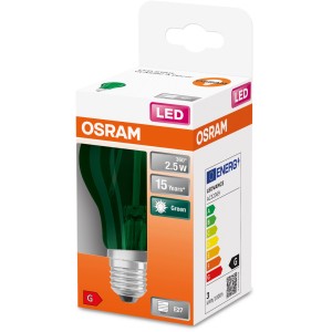 Osram LED-Leuchtmittel E27, grüne Glühlampenform, 2,5W im Karton.